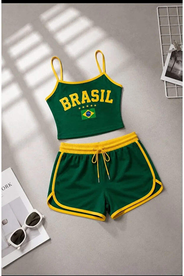 Kadın Brasil Baskılı Askılı Crop Top Ve Şortlu İkili Takım